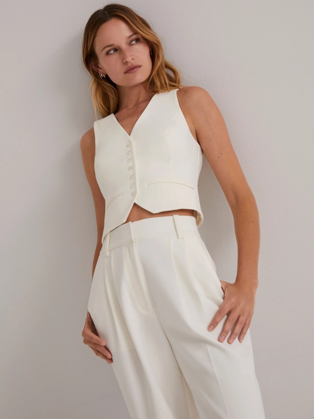 FAVORITE DAUGHTER V-Neck Button Vest and High-Waist Trousers Set - Cream